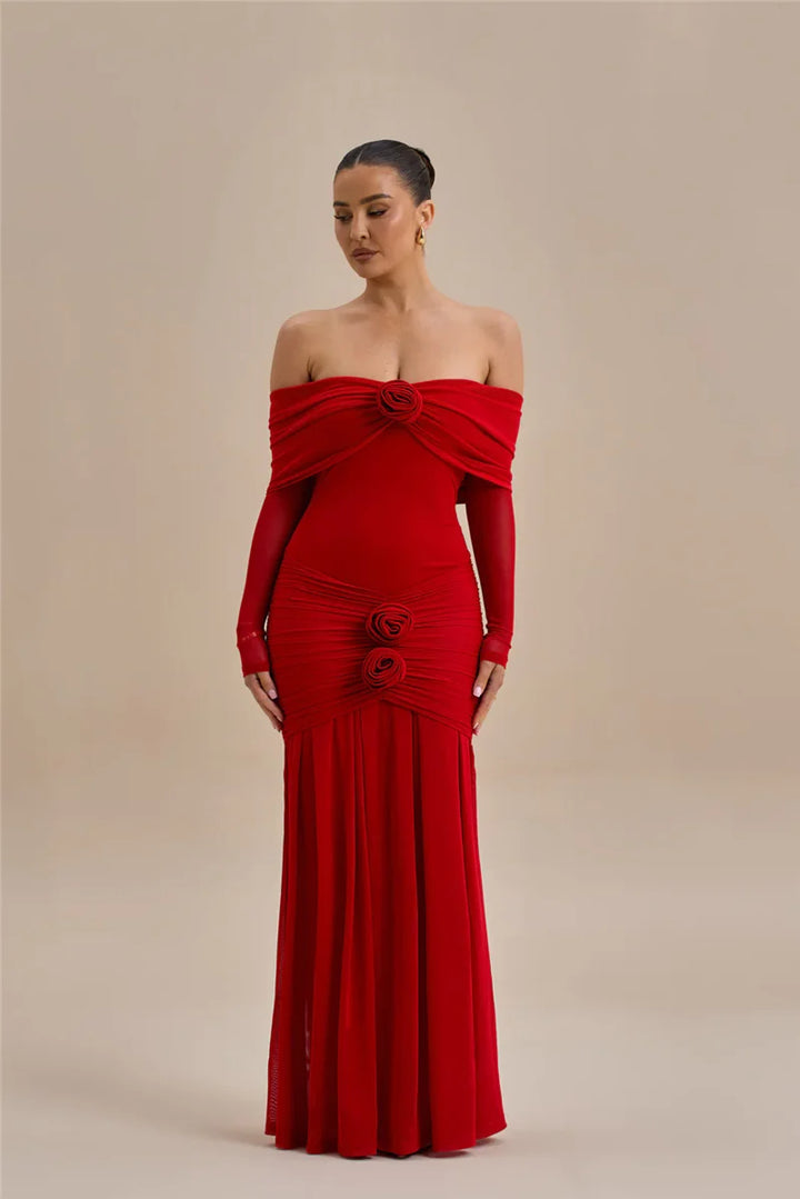 Off-shoulder maxi dress with ruching and floral appliqué decoration - Angelica
