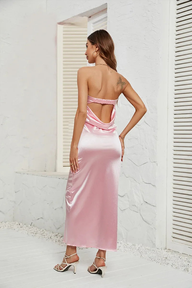 Strapless satin maxi dress with open back - ANATALYA