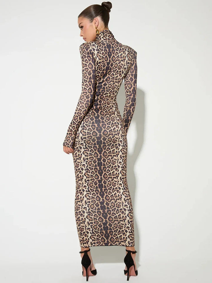 Leopard print maxi dress with turtleneck - Madlen