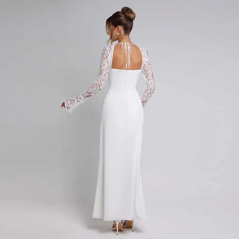 Maxi Dress with Slit and Lace Sleeves - Clarissa