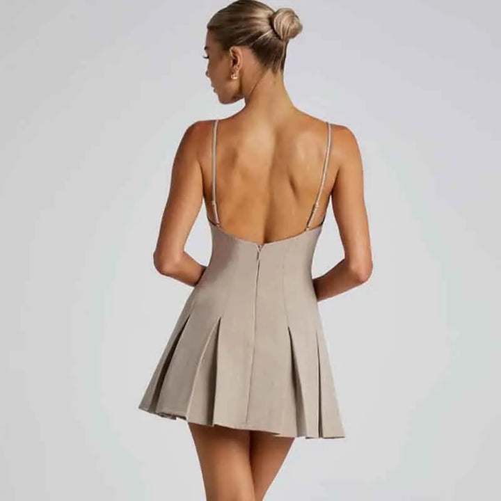 A-line Pleated Mini Dress with Open Back - Judith