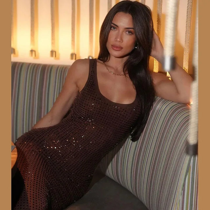 Fitted Maxi Dress with Sparkling Square Embellishment and Open Back Design - Genesis