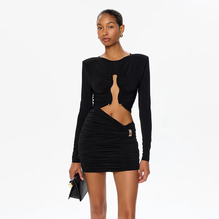Mini Dress with Ruching and Buckles and Cutouts Decoration - REYNI