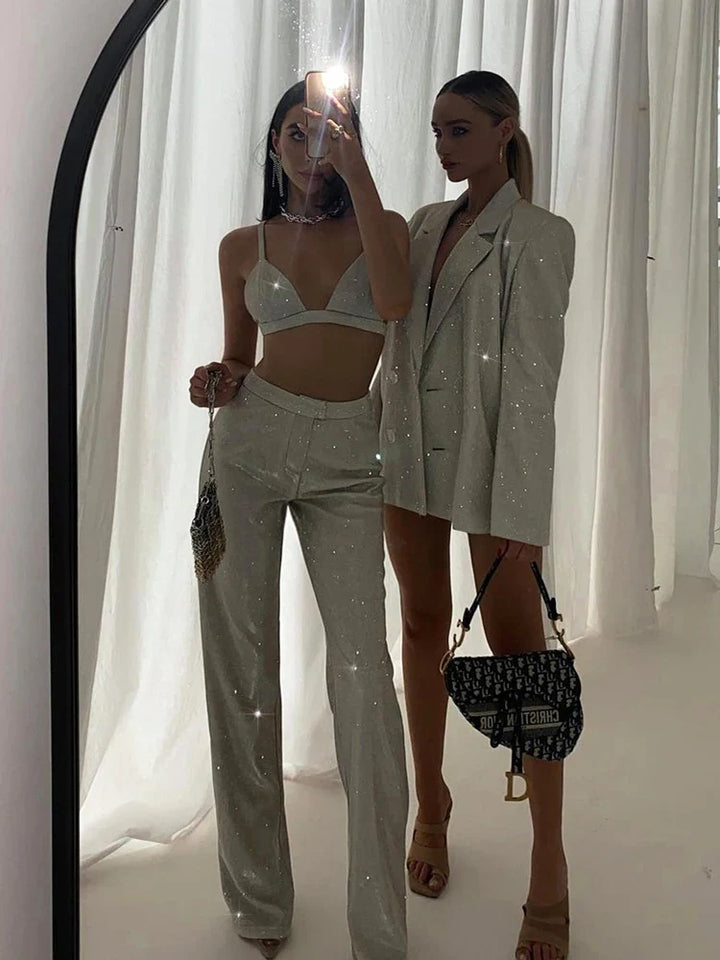 Three-Piece Sequin Suit with Bra, Blazer, and Long High-Waisted Pants - Pasha