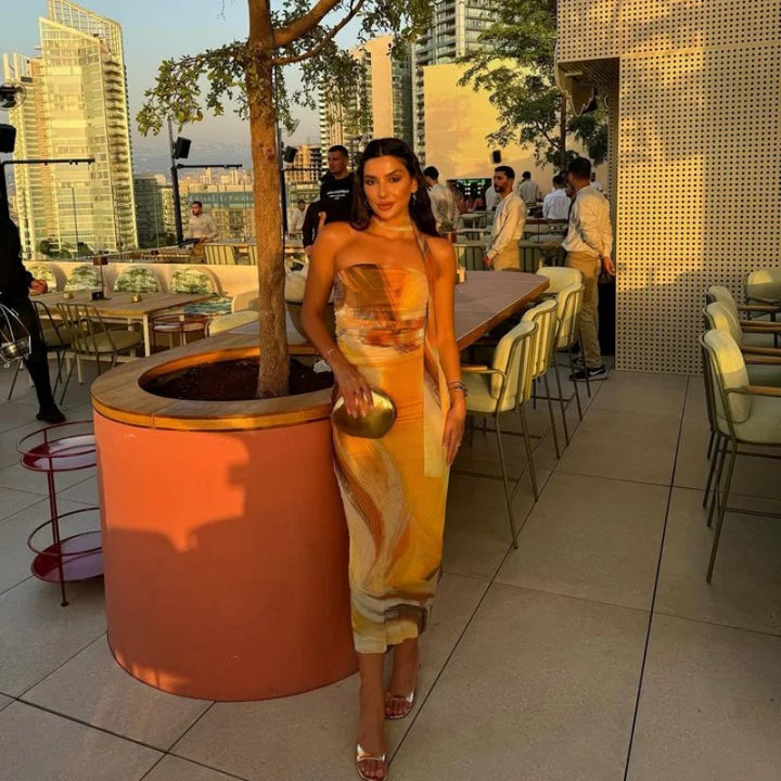 Two-Piece Chiffon Set with Strapless Top and Midi Skirt with Matching Scarf Detail - Liri