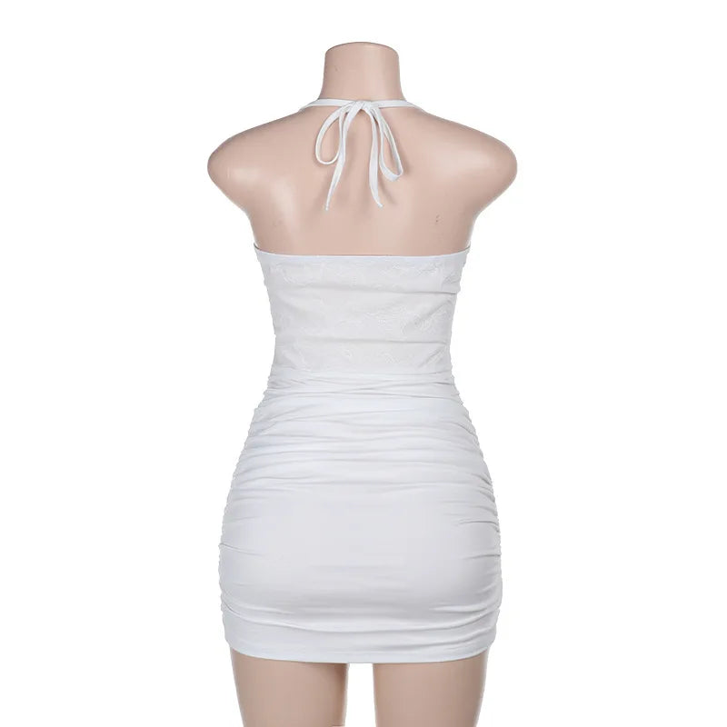 Mini Ruched Fitted Dress with Lace Corset Design, Pin Closure, Open Back - Emily