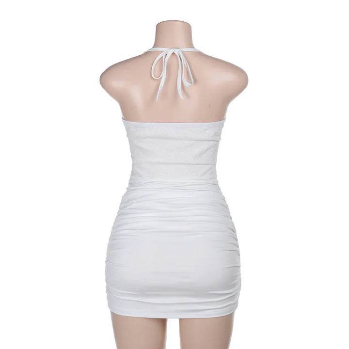 Mini Ruched Fitted Dress with Lace Corset Design, Pin Closure, Open Back - Emily