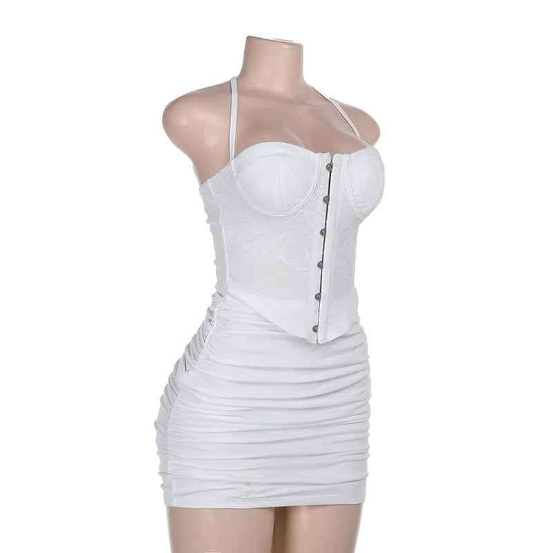 Mini Ruched Fitted Dress with Lace Corset Design, Pin Closure, Open Back - Emily