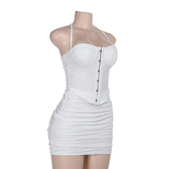 Mini Ruched Fitted Dress with Lace Corset Design, Pin Closure, Open Back - Emily