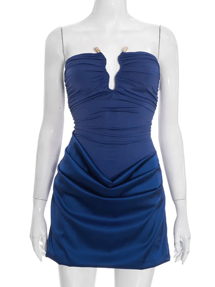 Mini strapless dress with satin pleats and buckle decoration - Easy