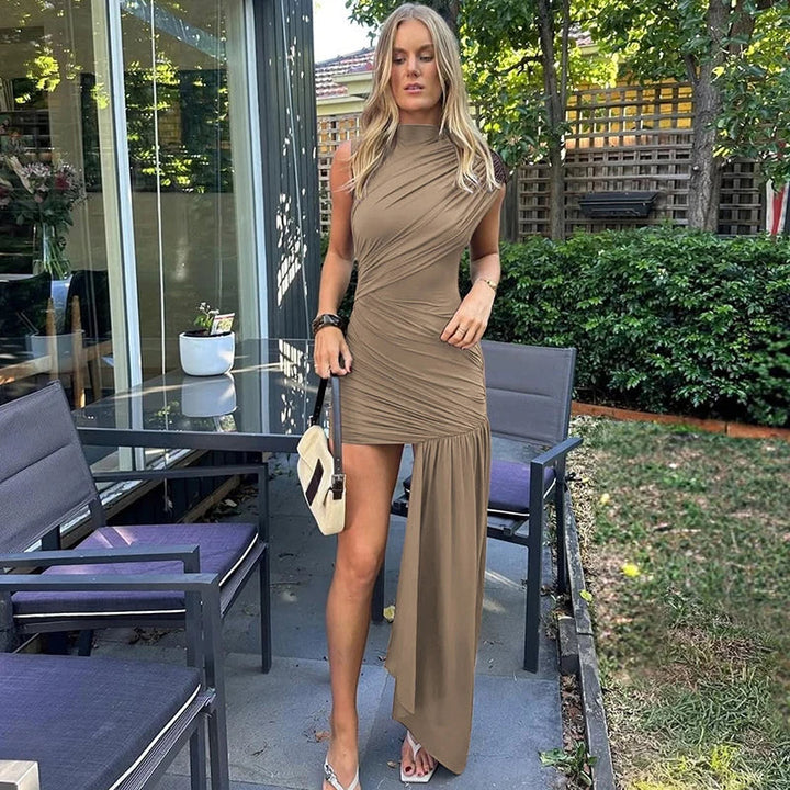 Mini dress with ruching and asymmetrical design decorated with a train - Jay