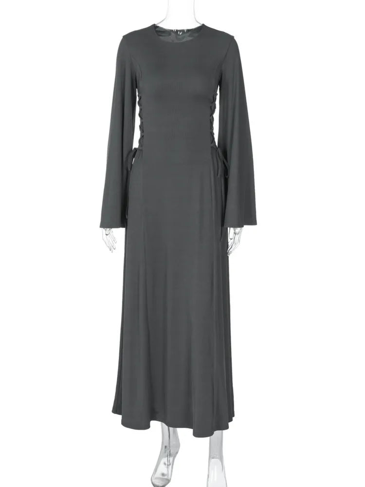 Modest knitted A-line maxi dress with waist ties - Liri