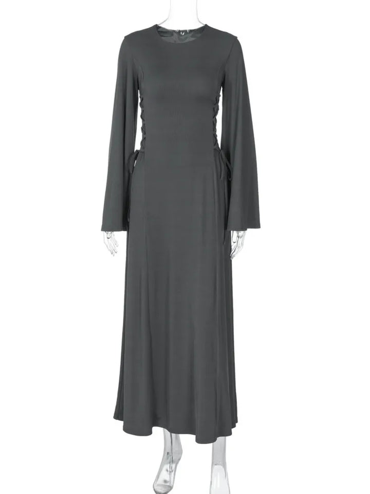 Modest knitted A-line maxi dress with waist ties - Liri