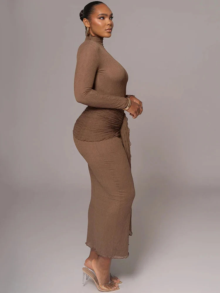 Maxi dress with ruching, tie decoration, and turtleneck collar - Halsey