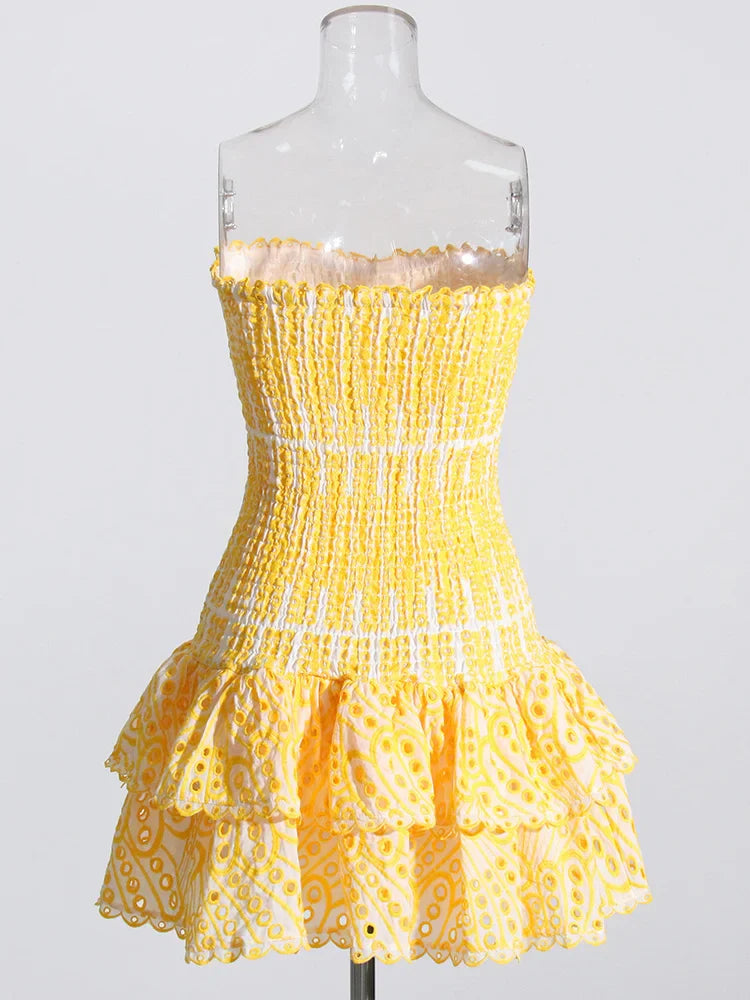Strapless Mini Dress with Ruching and Ruffle - Diane
