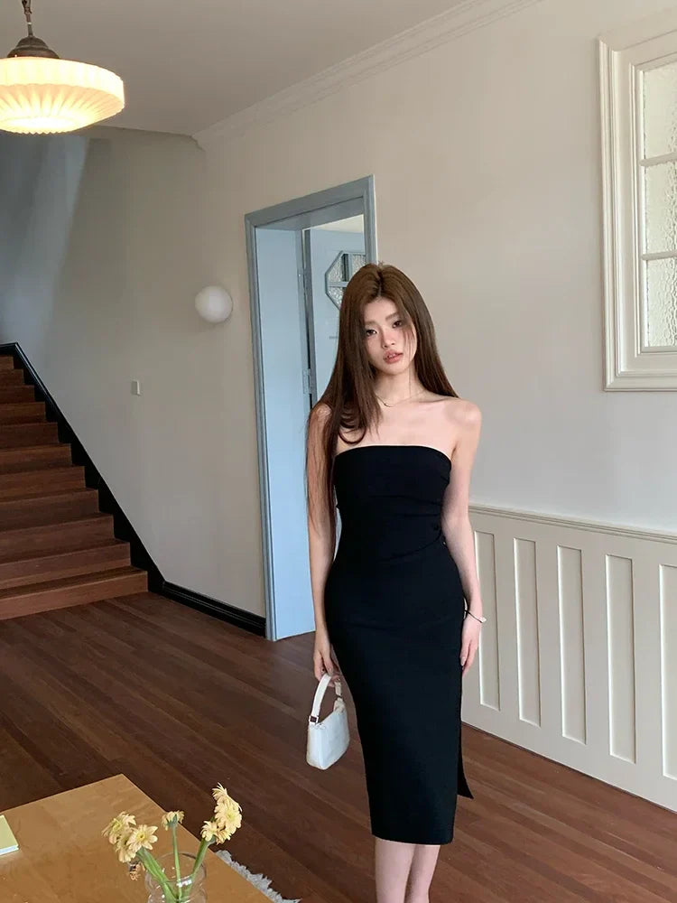 Elegant Strapless Midi Dress with Slit Decoration - Coral