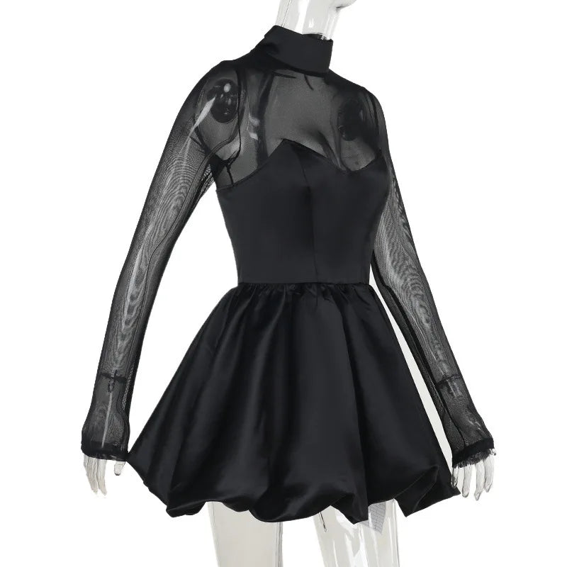 Balloon satin mini dress with mesh and half turtleneck design - Moran