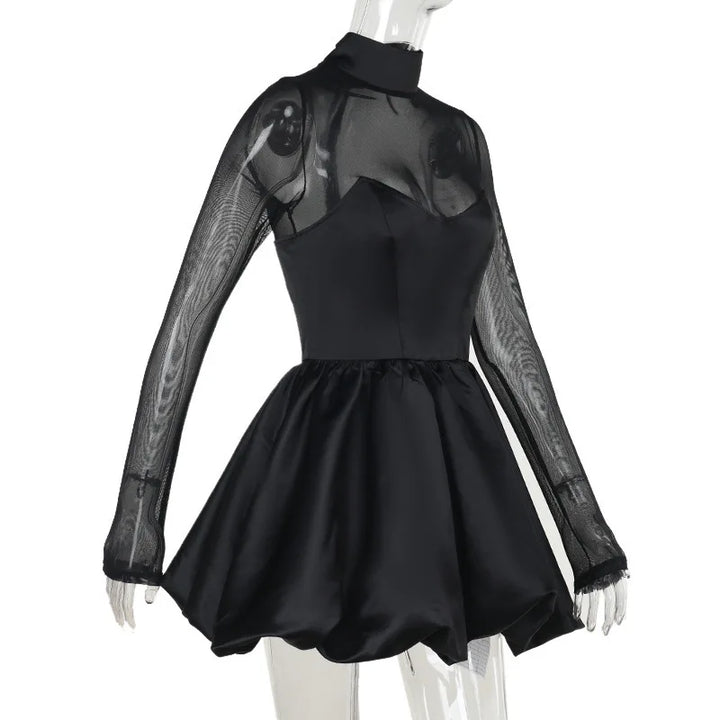 Balloon satin mini dress with mesh and half turtleneck design - Moran
