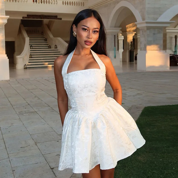 A-Line Mini Dress with Floral Embroidery and Neck Tie - Al Arieh