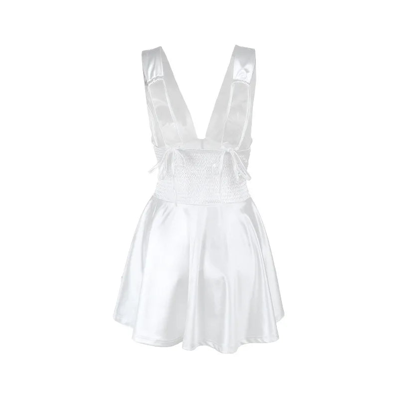 Satin mini dress with ruching and tie design on the straps - Celia