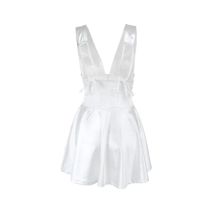 Satin mini dress with ruching and tie design on the straps - Celia