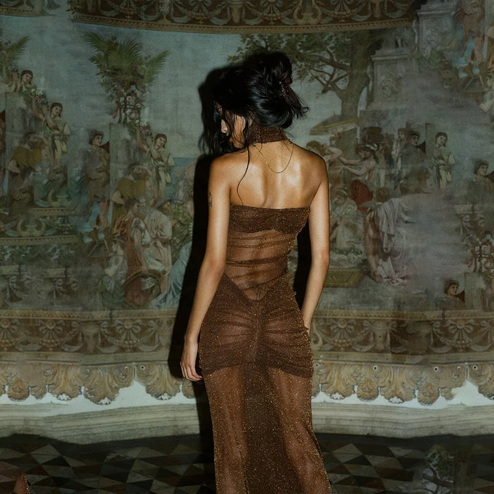 Strapless Maxi Dress with Glitter Mesh and Ruching Detail - Haisley