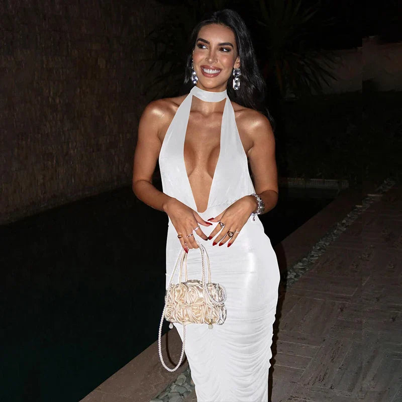 Maxi Dress with Collar, Ruching, Fitted V-Neck, Open Back - Jimena