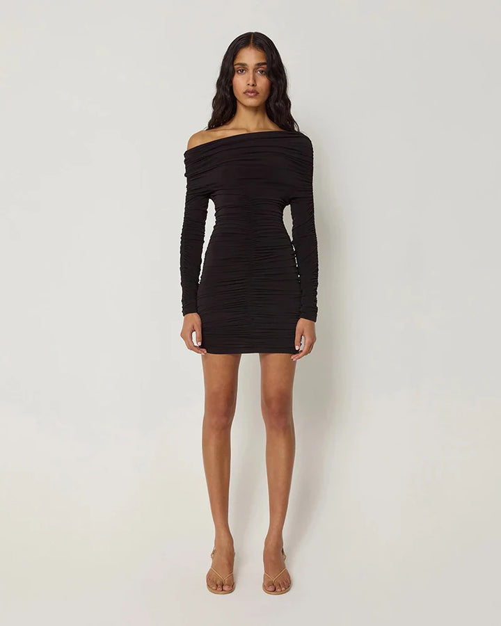 Mini dress with ruching and one off-shoulder sleeve - Sapir