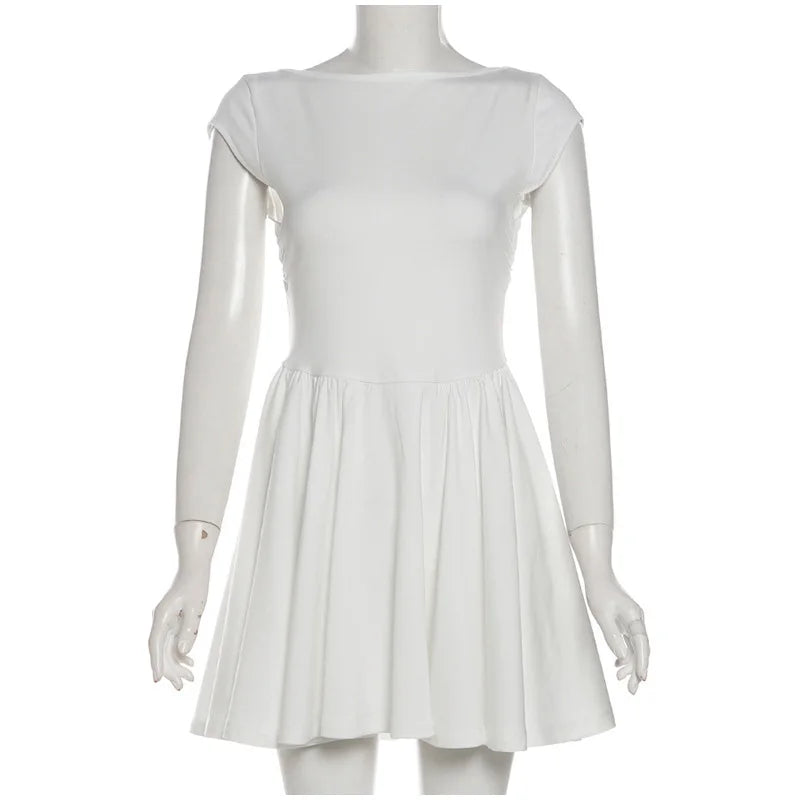 Linen Mini Dress in A-Line with Open Back - Marilyn
