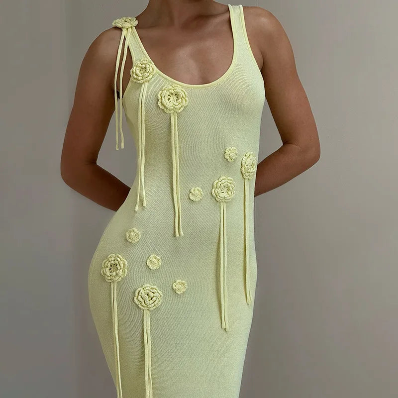 Knitted Beach Maxi Dress with Flower Appliqué Detail - Holly