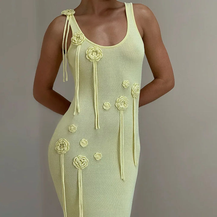 Knitted Beach Maxi Dress with Flower Appliqué Detail - Holly