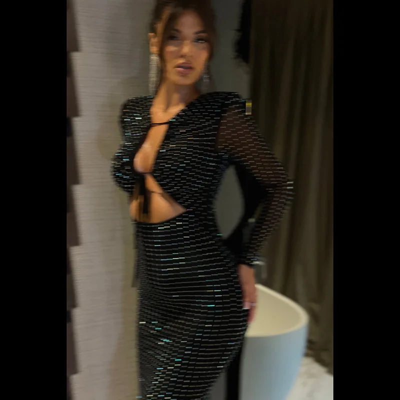Maxi evening dress with sequins, decorated with a tie neckline - Michaela