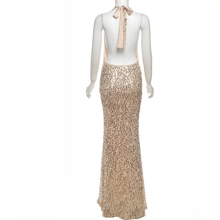 Sequin Maxi Dress with Open Back and Draped Collar - Arabella
