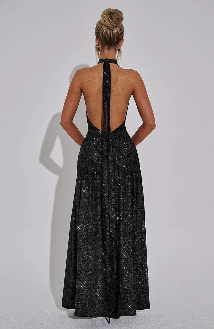 Glitter Maxi Dress with Slit, Deep V-Neck, Open Back, and Neck Tie - Emery