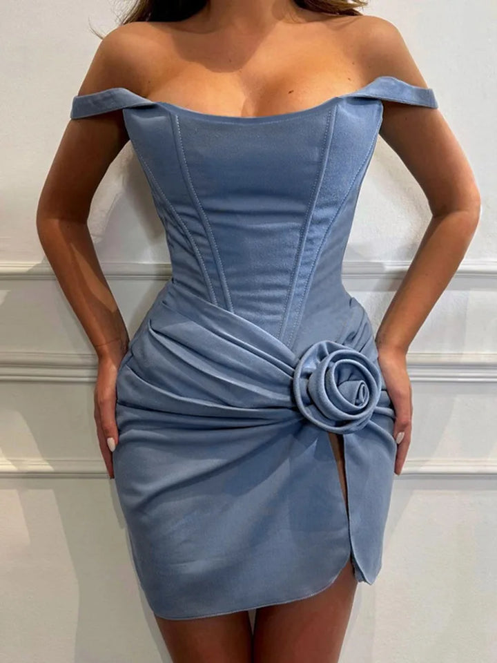Denim mini dress with corset design and flower detail - Priel