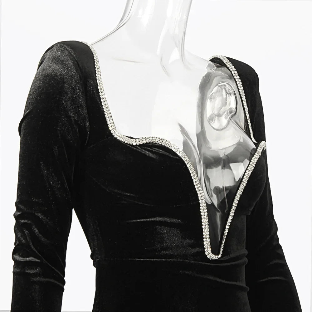 Mini velvet dress with deep V neckline decorated with diamonds - SANA