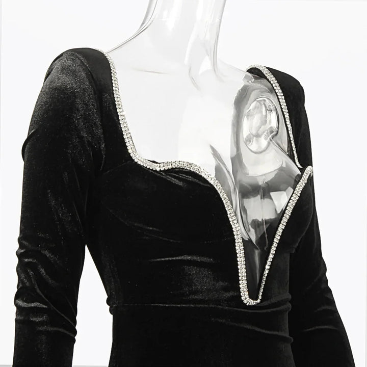 Mini velvet dress with deep V neckline decorated with diamonds - SANA