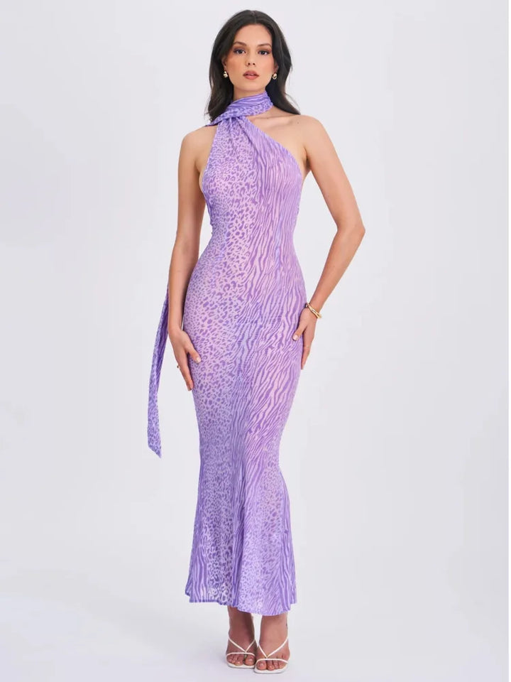 Leopard Print Mesh Maxi Dress with Open Back and Neck Tie - Jessica