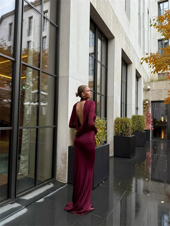 Elegant maxi dress with collar and open back - LARIAN