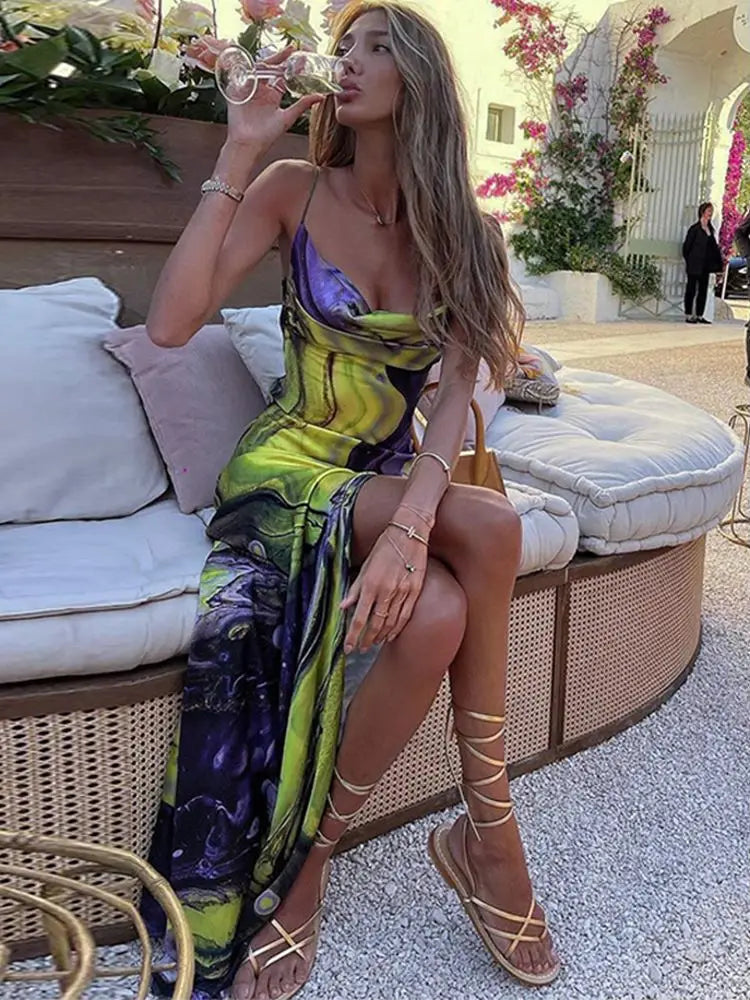 Satin Maxi Dress with Special Print and Deep Slit - Eliana