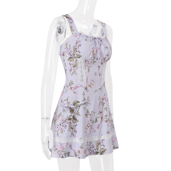 Floral mini dress with lace trim in a rustic A-line design - Himana