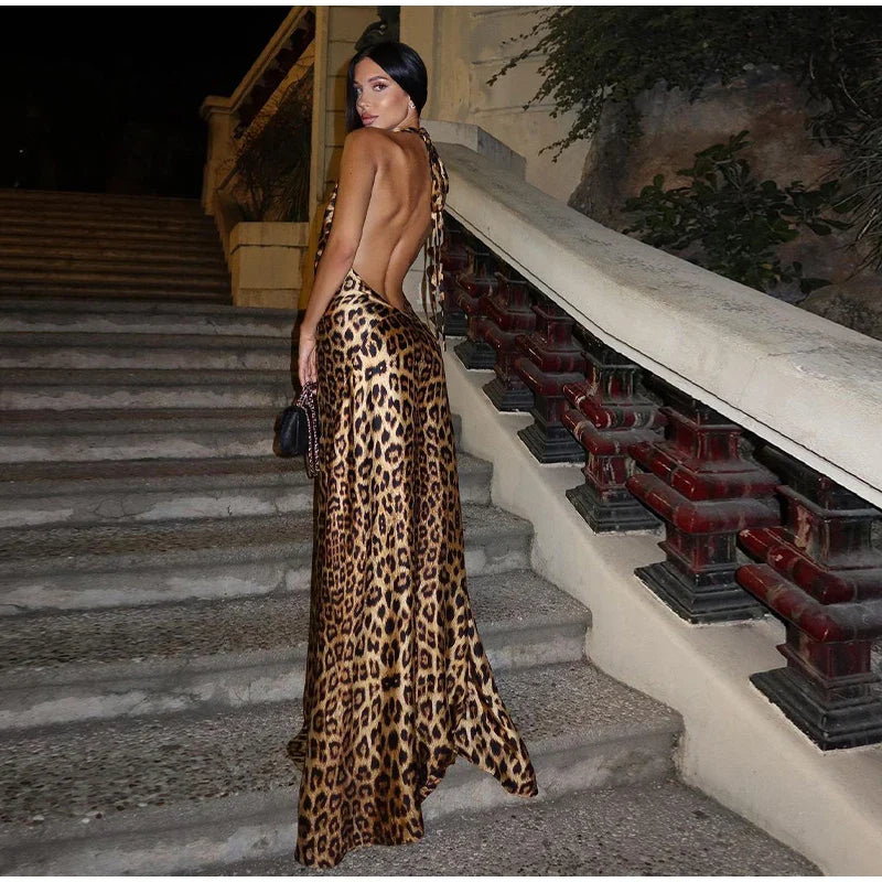 Leopard Satin Maxi Dress with Neck Tie and Draped Collar - Adelyn