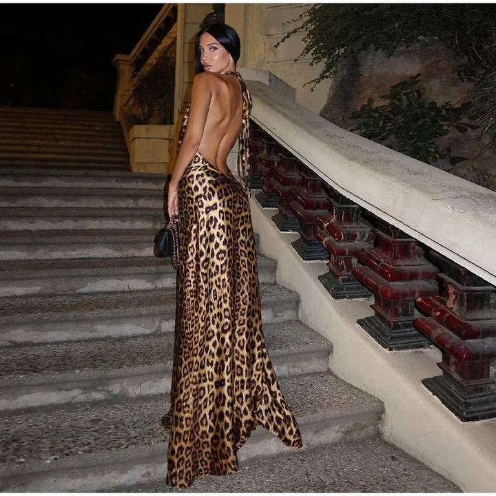 Leopard Satin Maxi Dress with Neck Tie and Draped Collar - Adelyn
