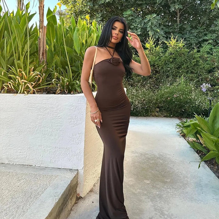 Fitted Maxi Dress with Floral Decoration and Neck Tie - Rosie