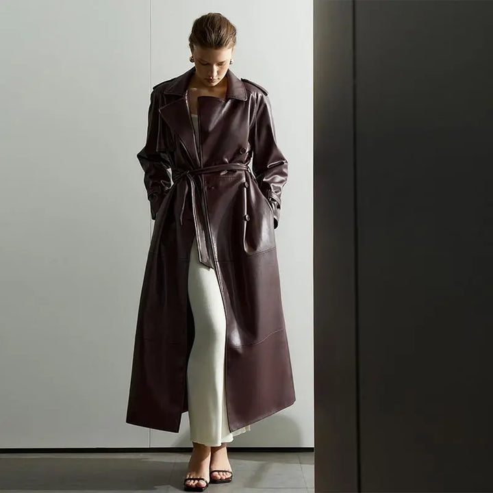 Long Leather Coat with Button Details and Tie Belt - LARA