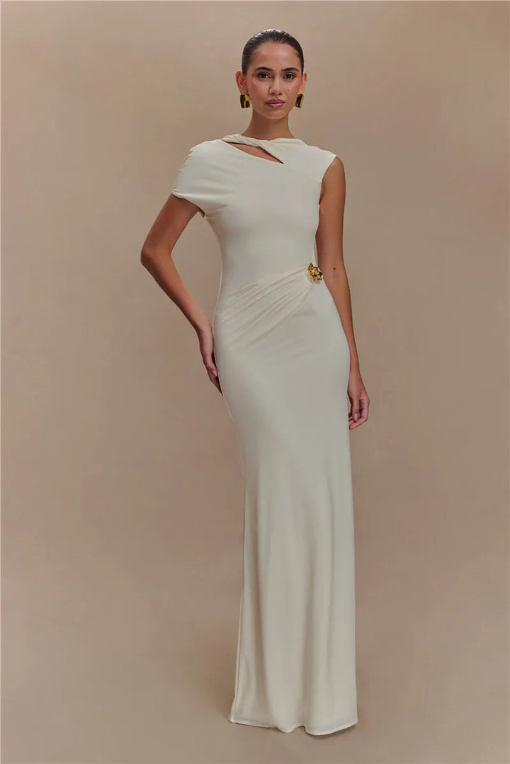 Elegant Maxi Dress with Ruching, One Sleeve, and Buckle Detail - Agatha