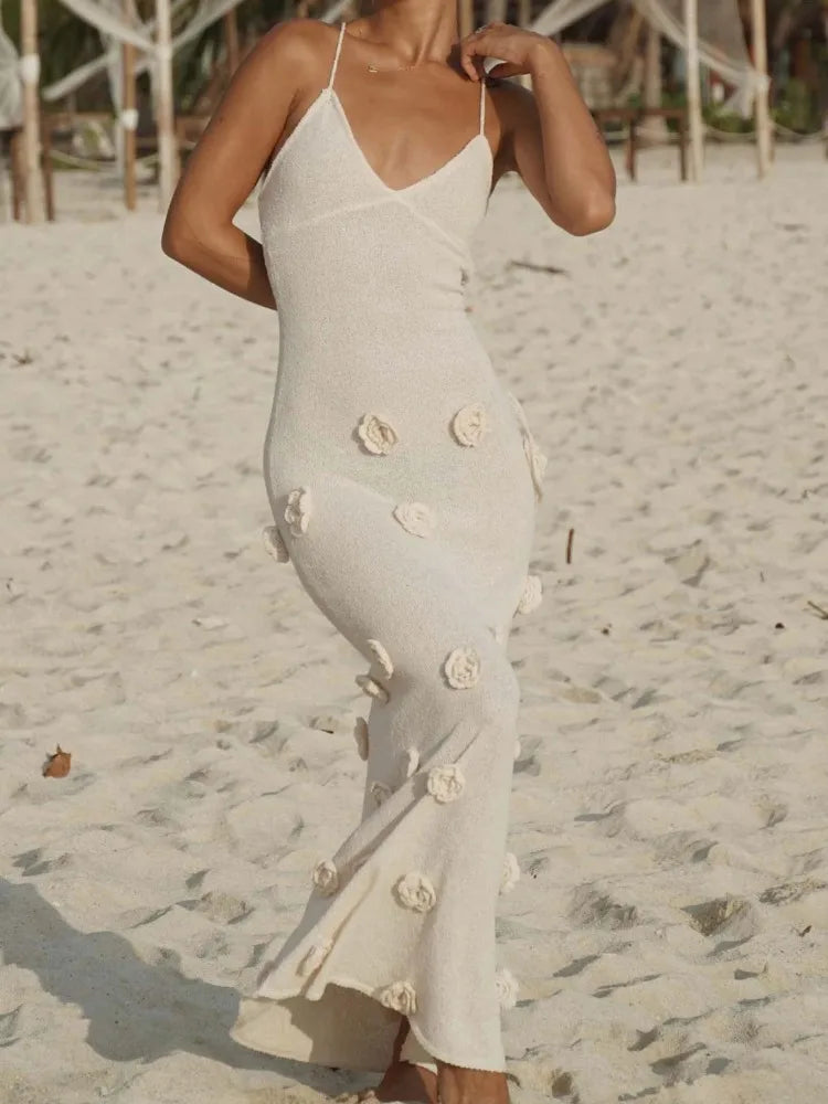 Knitted Maxi Dress with Floral Appliqués and Back Tie Detail - Malaya