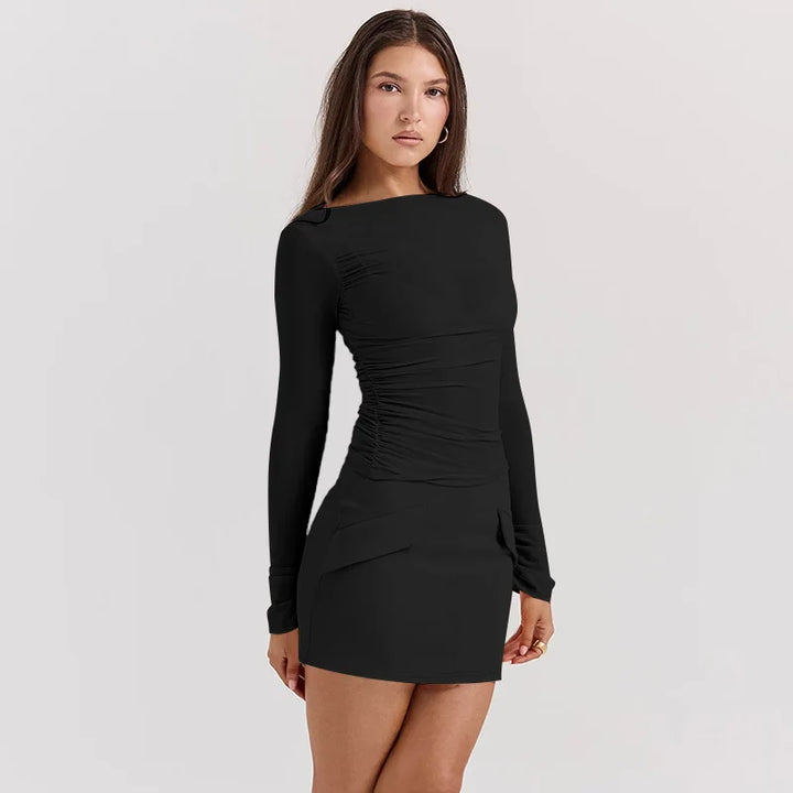 Three-Piece Set: Mini Skirt, Shirt, and Fitted Corset with Pocket Detail - Pearl
