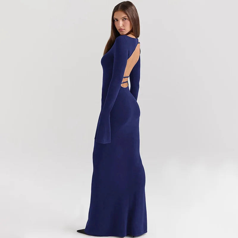 Open Back Maxi Dress with Bell Sleeves - Blueberry