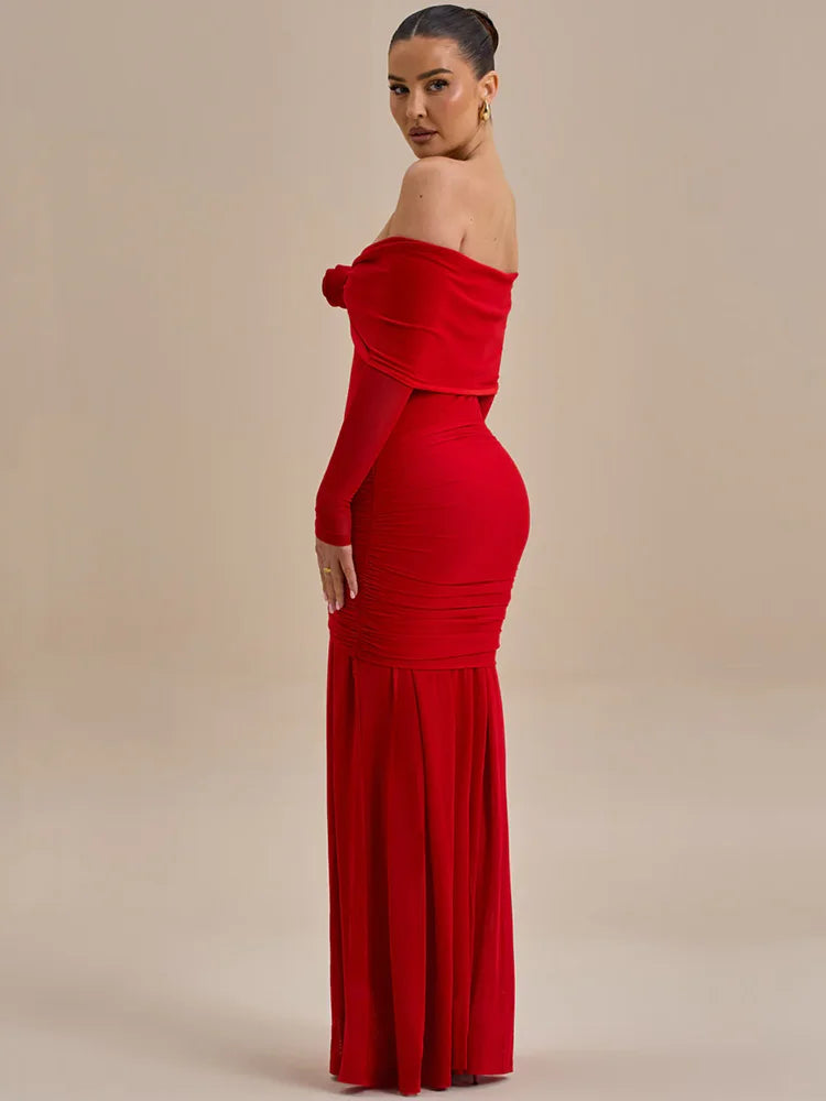 Off-shoulder maxi dress with ruching and floral appliqué decoration - Angelica